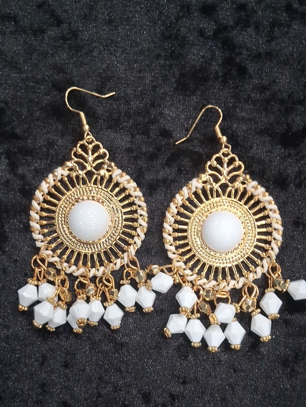Fashion Jewelry Gold and White Sunburst Dangle Earrings